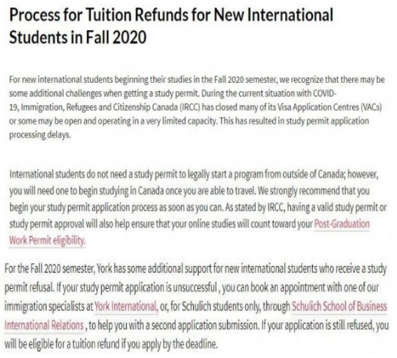 加拿大约克大学宣布新政，为被拒签的国际学生提供额外的支持！