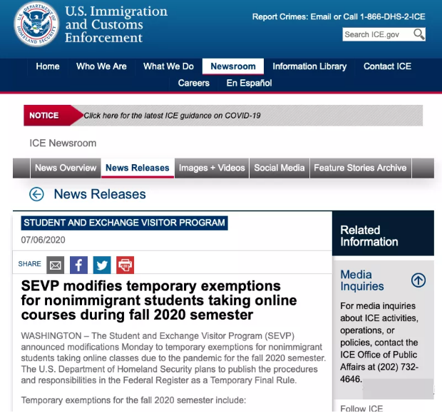 美国留学生秋季入学新规定：如果全网课，要么转校，要么离境！