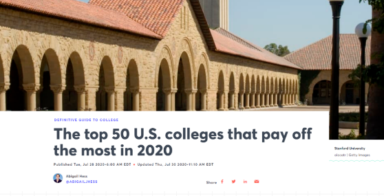 CNBC发布2020年美国投资回报率最高的25所私立大学榜单