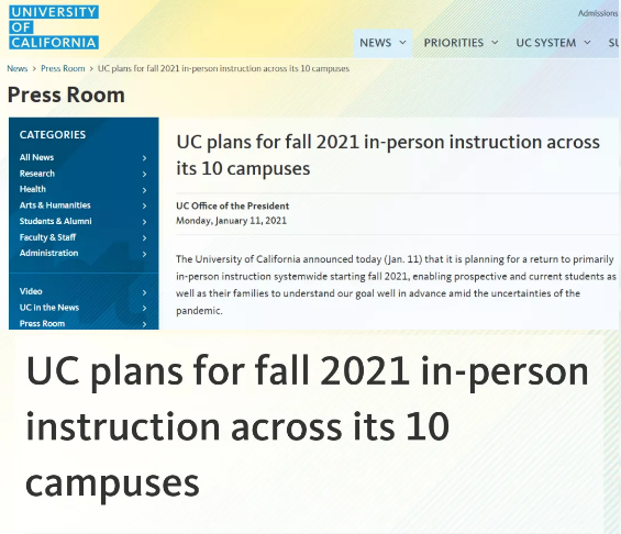 官宣！美国加州大学2021秋季线下上课！