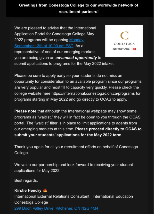 Conestoga College开放明年5月入学专业申请
