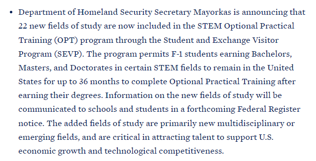 拜登政府宣布延长STEM专业留学生签证，OPT新增22个学科